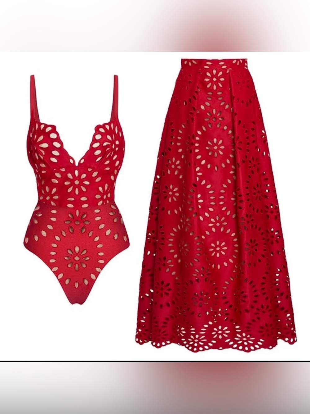 laser-cut flower swimsuit set deep v-neck one-piece and a matching maxi skirt 4